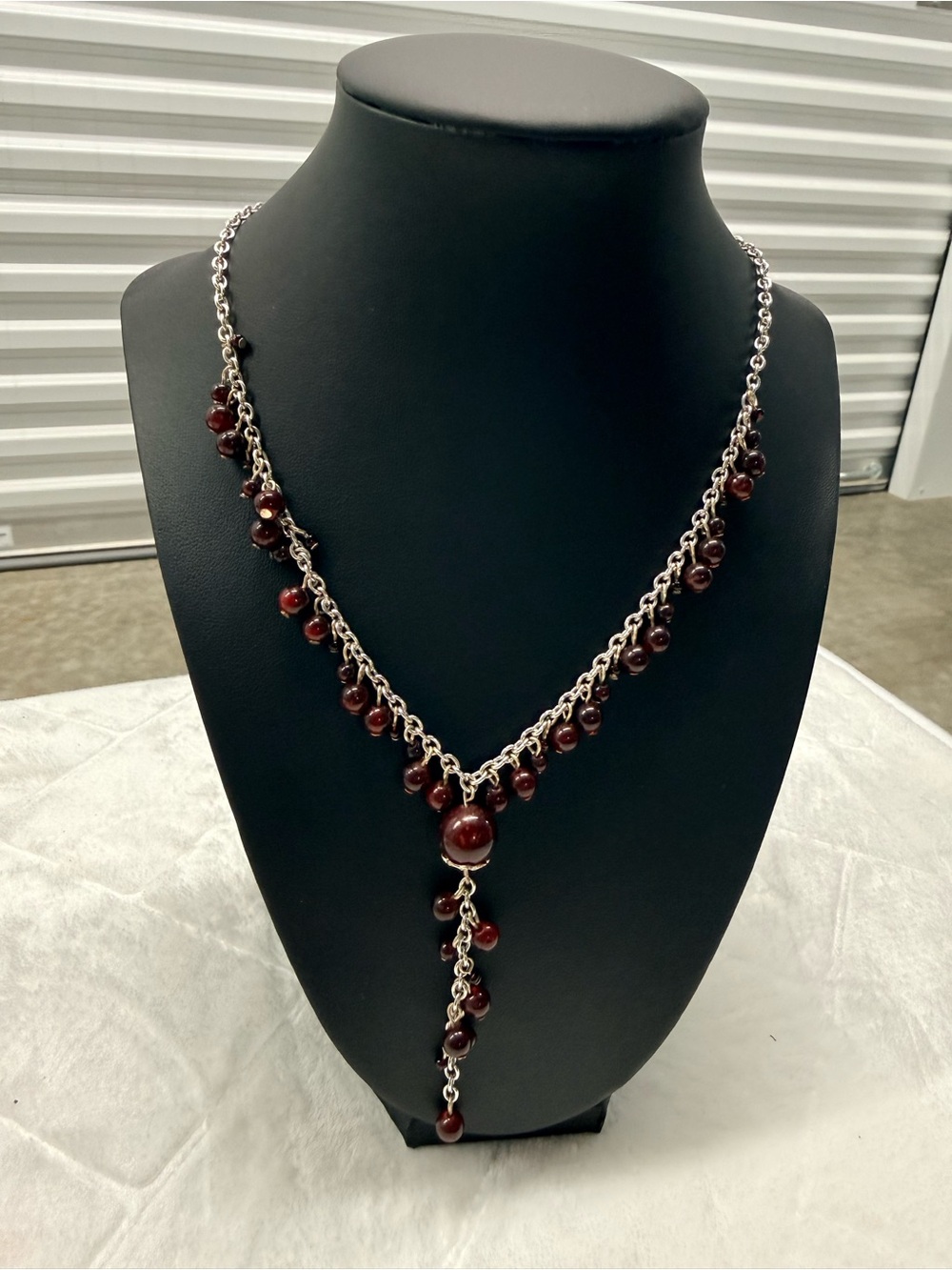 Silver Chain Necklace with Garnet Red Bead Drops
